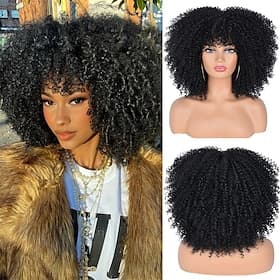 Curly Afro Wigs for Black Women Afro Kinky Curly Wig with Bangs No Glue,Full and Fluffy Like a Bomb for Daily and Work Black