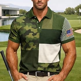 4th of July 2026 250th Men's American US Flag Golf Sports Polo Shirts Short Sleeve Polo Shirts Collared Shirts Casual Athleisure Buttons Spring Summer Green A