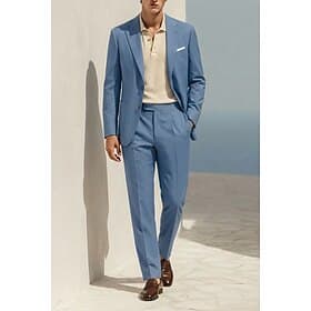 Uomo Completi Completi in Lino Casuale Affari Blu Grigio chiaro Estate Tuta Bavero classico Moda Leggero Tinta unita Vestibilità su misura 2 pezzi Monopetto Du