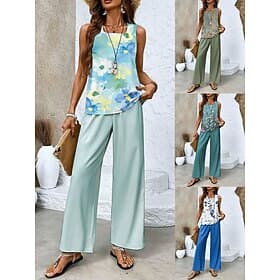 Women's Pants Sets Sleeveless Square Neck Floral Graphic Ruched Print Elegant Fashion Streetwear Casual Daily Outdoor Army Green Blue Green Summer Regular Fit