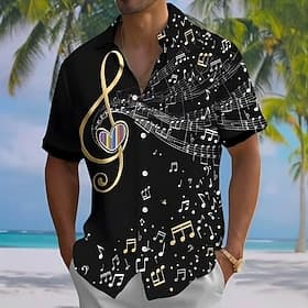Herren Musiknoten Herzförmig Hemd Sommerhemd Knopfhemd Kurzarm Modisch lässig Urlaub Musikfestival Sommer Frühling Umlegekragen 3D-Druck Hemden mit Kragen Eine