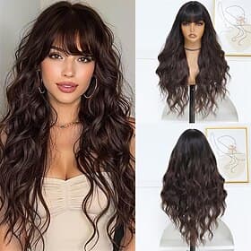 Dark Brown Wig for Women, Long Brown Wavy Wig with Bangs 26 Inch Wigs Natural Looking Heat Resistant Synthetic Wig for Daily Party Use
