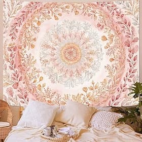 Watercolor Pastel Pink Floral Mandala Wall Tapestry Aesthetic Peach Flower Wreath Wall Hanging Boho Romantic Bedroom Decor Girls Dorm Room Backdrop