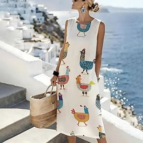 Women's Midi Dress Shift Dress Sundress A Line Dress Vacation Casual Boho Beach Going out Regular Fit Graphic Animal Sleeveless Crewneck White Sky Blue Beige S