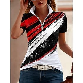 Women's T Shirt Zipper Quarter Zip Graphic Geometric Color Block Tropical Hawaiian Stylish Short Sleeve High Neck Regular Tops Beach Wedding Daily Sports Pink