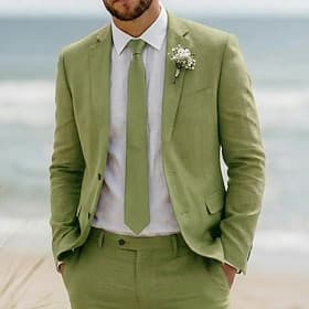 Herren Leinenanzüge Strandhochzeit Lässig Weiß Burgunderrot Frühling  Sommer Anzug Gekerbtes Revers Täglich Lässig Einfarbig Figurbetonter Schnitt 2-teilig Ein