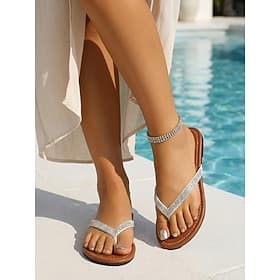 Funkelnde silberne Strass-Flip-Flops für Damen – elegante weiße Riemchensandalen für luxuriöse Hotelurlaube und entspannte Stunden am Pool Sommer-Resortbekleid