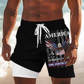 Men's 4th of July U.S. 250th Anniversary Eagle US Flag Lined Shorts 2 in 1 Board Shorts Swim Shorts Mid Waist Patriotic Holiday Side Pockets With Compression L