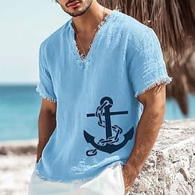 Men's Large Nautical Anchor Chain Printed Linen Cotton Blend V-Neck T-Shirt Raw Edge Summer Beach Vacation Sailing Tee Frayed Soft Casual Top S-3XL