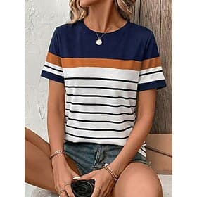 Women's T Shirt Print Graphic Striped Vintage Stylish Classic Short Sleeve Crew Neck Regular Tops Daily Weekend Blue White Summer Spring