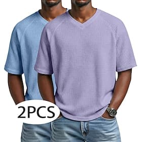 2PCS Men's Waffle T-shirt Tee Top Short Sleeve V Neck Summer Solid Color Textured Fashion Designer Casual 2 Piece Multi-pack Raglan Sleeves Casual Daily Outdoo