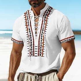 Voor heren Geometrisch patroon Etnisch Overhemd Piratenhemd met vetersluiting Truien Korte Mouw Vintage Retro Casual / Dagelijks Strandvakantie Zomer Lente Ops