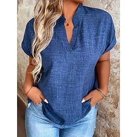 Women's Shirt Blouse Plain Vintage Classic Modern Short Sleeve V Neck Regular Tops Daily Holiday Going out Blue Summer Spring