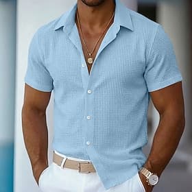Men's Shirt Waffle Shirt Texture Casual Shirt Button Up Shirt Blue Black White Pink khaki Short Sleeve Plain Lapel Casual Daily Clothing Apparel Fashion Modern
