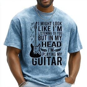 Men's Acid Wash Electric Guitar Im Playing My Guitar In My Head Funny Sarcastic T Shirt Graphic Short Sleeve Crew Neck Regular Fit Casual Gift For Guitarist De