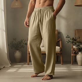 Herren Leinenhosen Hose Sommerhose Kordelzug Elastischer Bund Gerader Schnitt Einfach Komfort Atmungsaktiv Volle Länge Lässig Täglich Ferien Urlaub Mode Schwar