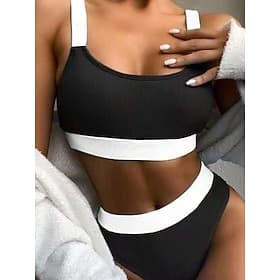 Women's Swimwear Bikini 2 Piece High Waist Swimsuit Patchwork Slim Backless Vacation Beach Wear Stripe U Neck Sleeveless Bathing Suits