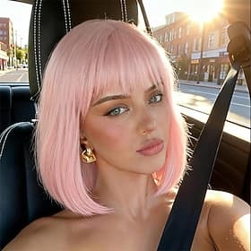 Light Pink Bob Wigs with Bangs (Can Be Trimmed) Straight Short Wigs for Women Synthetic Pink Wig for Cosplay Women