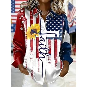 American Independence Day Women's Shirt Satin Shirt Print Floral Graphic Flag Bohemia Vintage Stylish Long Sleeve Shirt Collar Long Tops Daily Holiday Going ou