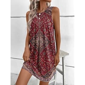 Femmes Mini Robe Robe bohème Robe Décontractée Robe Fleurie Élégant Mode Moderne Extérieur Vacances Sortir Coupe régulière Fleuri Sans manches Col ras du cou B