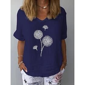 Femmes Chemises effet lin T-shirt Imprimé Graphique Pissenlit Mode Élégant Classique Manche Courte Col en V Hauts Réguliers Quotidien Sortir Week-end Blanche J