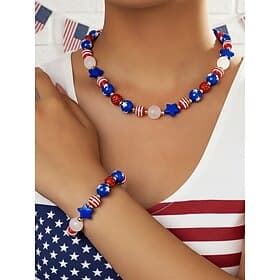 Women's Patriotic Resin Beaded Necklace Bracelet Set for US 250th Anniversary, Independence Day, Casual Daily Wear  Travel Vacation Jewelry
