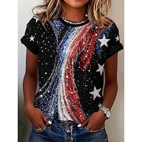 American Independence Day Women's T Shirt Print Graphic Letter Vintage Stylish Classic Short Sleeve Crew Neck Regular Tops Daily Black Summer Spring