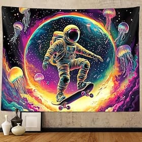 Psychedelic Astronaut Skateboarder Space Wall Tapestry Neon Jellyfish Galaxy Colorful Planet Trippy Surreal Art Bedroom Gaming Room Dorm Decor Aesthetic Mural