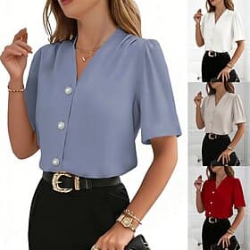 Femmes Chemise Chemise habillée Chemise Boutonnée Froncé Boutons Couleur Unie Élégant Mode Quotidien Manche Courte Col en V Hauts Réguliers Vêtements de rue Bu