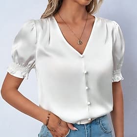 Women's Shirt Satin Blouse Dress Shirt Solid Color Plain Elegant Fashion Casual Short Sleeve Puff Sleeve V Neck Regular Tops Streetwear Office Work Blue Black