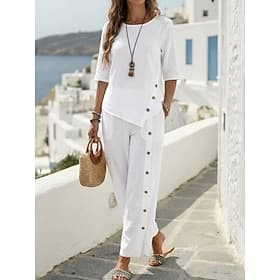 Women's Linen-feel Set Two Piece Sets Pants Sets Half Sleeve Crew Neck Plain Fashion Streetwear Casual Daily Outdoor Black White Green Spring  Summer Regular F