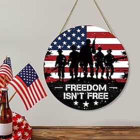 250th Anniversary American Door Sign, Patriotic 4th of July US National Flag with Printed Wreath, Wooden Independence Day Hanging Wall Decor for Home, Porch, O
