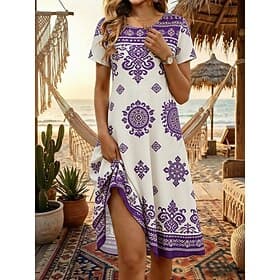 Women's Knee Length Dress Boho Dress Beach Dress Summer Dress Vintage Gothic Daily Beach Weekend Regular Fit Floral Short Sleeve Crew Neck Purple Summer Spring