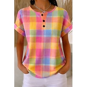 Women's Waffle T Shirt Color Block Print Graphic Geometric Vintage Stylish Classic Short Sleeve Crew Neck Regular Tops Daily Purple Orange Summer Spring