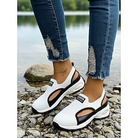 Women's White Breathable Mesh Slip-On Sneakers – Lightweight Cutout Walking Shoes with Cushioned Non-Slip Sole, Casual Outdoor Comfort Shoes for Travel, Beach