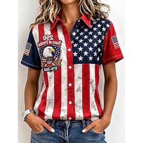 American Independence Day Women's Shirt Short Sleeve Graphic Flag Stylish Casual Sleeveless Shirt Collar Regular Tops Daily Red Summer Spring