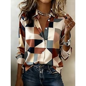 Damen Hemd Knöpfe Druck Grafik Geometrisch Stilvoll Modern Lässig Langarm Hemdkragen Normale Oberteile Täglich Arbeit Rote Khaki Sommer Frühling