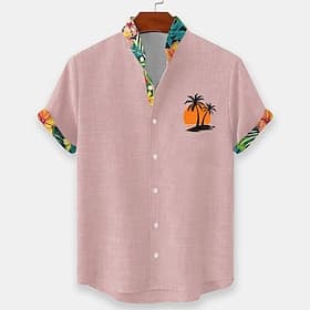 Hombre Árbol de coco Plantas tropicales Flores camisa hawaiana Abotonar la camisa Camisa de cuello alto Manga Corta Hawaiano Casual vacaciones en la playa Vera