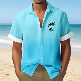 Men's Coconut Tree Gradient Color Tropical Plants Summer Hawaiian Shirt Button Up Shirt Aloha Shirt Short Sleeve Hawaiian Vacation Holiday Beach Wear Summer Sp