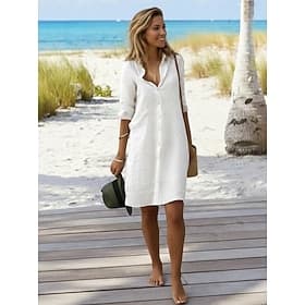 Damen Minikleid Baumwoll Mischung Hemdblusenkleid Weißes Baumwollkleid Figurbetontes Kleid Urlaub Basic Modern Täglich Wochenende Lässiger Schnitt Einfach Drei — image 1