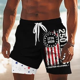 Per uomo 4 luglio, 250° anniversario degli Stati Uniti Bandiera degli Stati Uniti 1776 Pantaloncini foderati Pantaloncini da bagno 2 in 1 Pantaloncini da mare