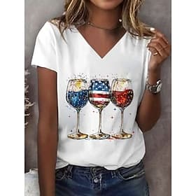American Independence Day Women's T Shirt Print Graphic Flag Vintage Stylish Classic Short Sleeve V Neck Regular Tops Daily Blue Black White Red Summer Spring thumbnail 3