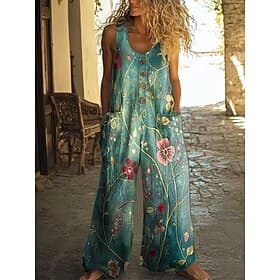 Femmes Combinaison Actif Fleuri Sans manches Sans manches Jambe large Col en U Avec Poches Boutons Quotidien Vacances Coupe Ample Vert Été