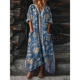 Women's Maxi Dress Boho Dress Casual Dress Print Dress Vintage Outdoor Vacation Weekend Loose Fit Floral Graphic Long Sleeve V Neck Blue Wine Purple Green Summ