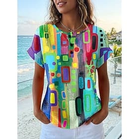 Women's Waffle Textured Knit Tops T Shirt Color Block Graphic Geometric Vintage Stylish Classic Short Sleeve Crew Neck Regular Tops Daily Sports Blue Pink Oran