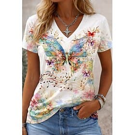 Femmes T-shirt Imprimé Fleuri Graphique Musique ancien Élégant Classique Manche Courte Col en V Hauts Longs Quotidien Sports Sortir Blanche Arc-en-ciel Été Pri