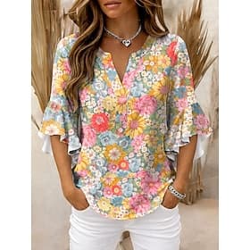 Women's Blouse Ruffle Print Floral Graphic Vintage Daily Stylish 3/4 Length Sleeve V Neck Regular Tops Daily Holiday Vacation Wear Blue Yellow Pink Purple Summ