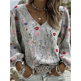 Women's Shirt Print Floral Graphic Bohemia Vacation Vintage Long Sleeve Lantern Sleeve V Neck Regular Tops Casual Daily Holiday Blue White Yellow Gray Summer S