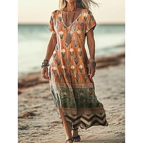 Damen Maxikleid Sommerkleid T-Shirt-Kleid A Linie Kleid Urlaub Lässig Strand Ausgehen Normale Passform Blumen Grafik Kurzarm V Ausschnitt Orange Grün Beige Som