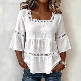 Women's Elegant Cotton Linen Lace Panel Layered Ruffle Top Basic 3/4 Length Sleeve Square Neck Regular Tops Casual Daily Blue Black White Green Summer Spring